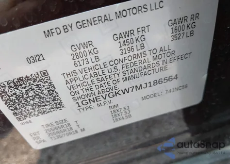 2021 Chevrolet Traverse Awd Lt Cloth from USA, damaged, VIN 1GNEVGKW7MJ186564